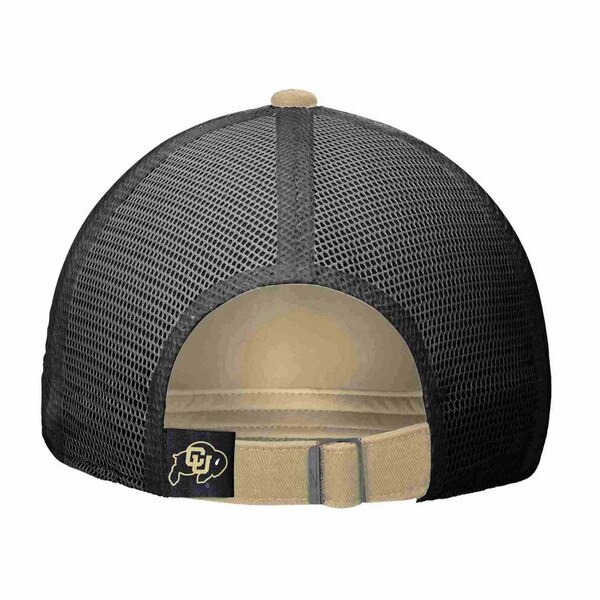 Back side of Black and white Nike baseball hat with "BUFFS" embroidered in gold and white on the front and a black Nike Swoosh on the white mesh side panel.